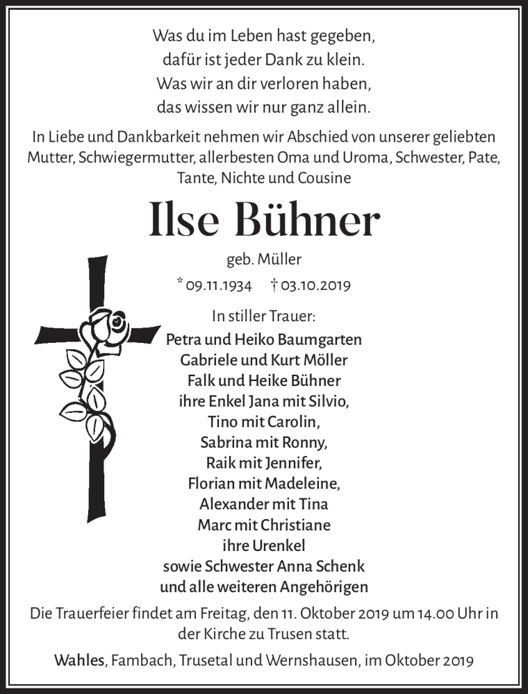  Traueranzeige für Ilse Bühner vom 08.10.2019 aus Südthüringer Presse