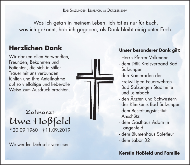  Traueranzeige für Uwe Hoßfeld vom 12.10.2019 aus Südthüringer Presse