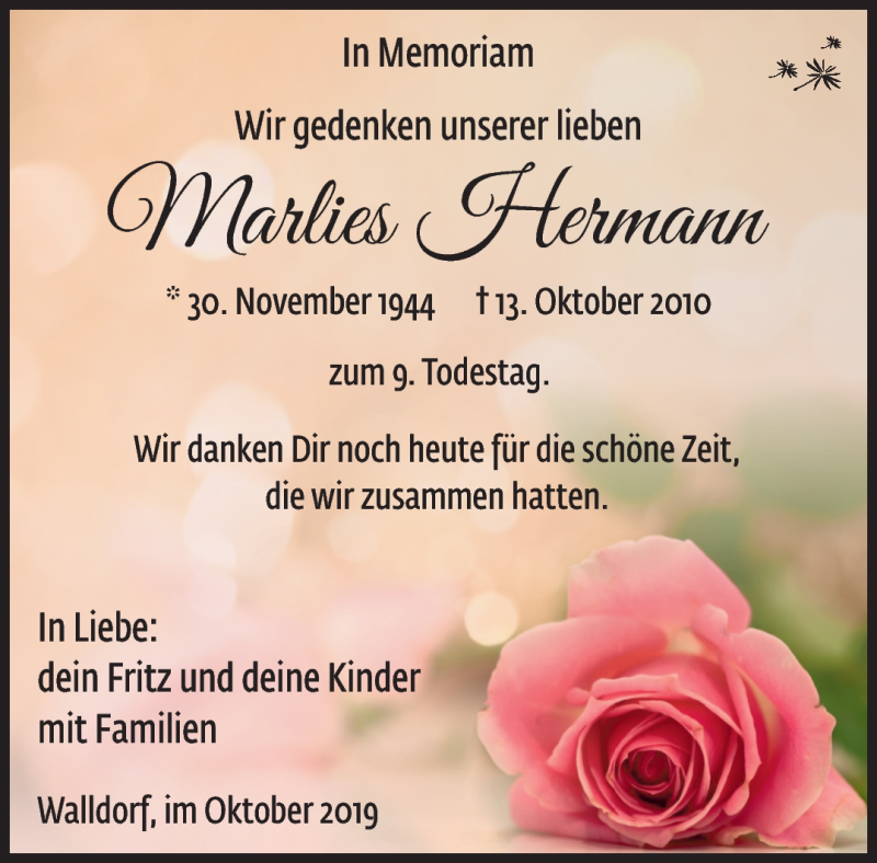  Traueranzeige für Marlies Hermann vom 12.10.2019 aus Südthüringer Presse