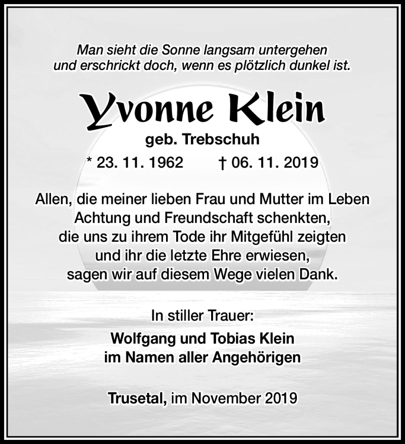  Traueranzeige für Yvonne Klein vom 30.11.2019 aus Südthüringer Presse