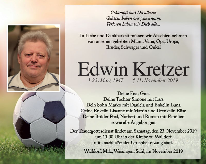  Traueranzeige für Edwin kretzer vom 19.11.2019 aus Südthüringer Presse