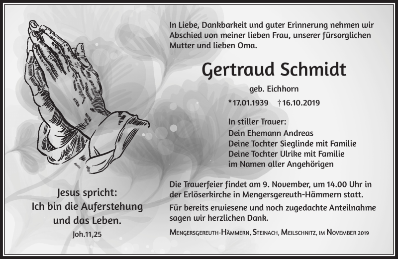  Traueranzeige für Gertraud Schmidt vom 02.11.2019 aus Südthüringer Presse