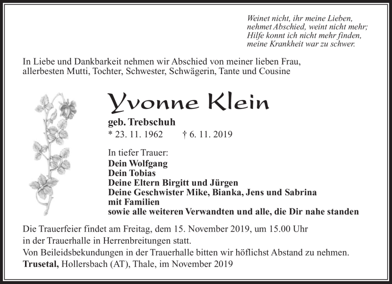  Traueranzeige für Yvonne Klein vom 09.11.2019 aus Südthüringer Presse