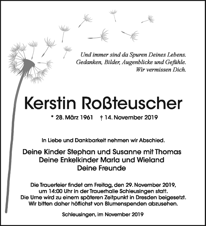  Traueranzeige für Kerstin Roßteuscher vom 23.11.2019 aus Südthüringer Presse