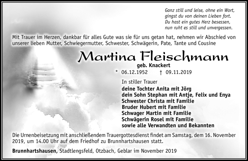  Traueranzeige für Martina Fleischmann vom 14.11.2019 aus Südthüringer Presse