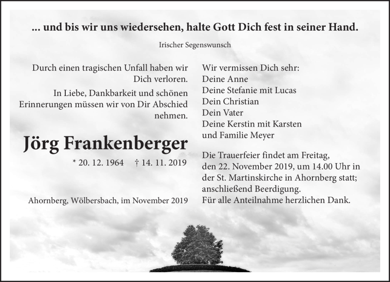  Traueranzeige für Jörg Frankenberger vom 21.11.2019 aus Frankenpost