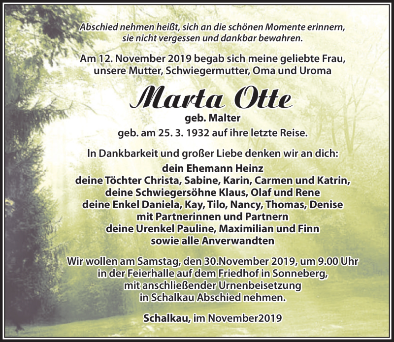  Traueranzeige für Marta Otte vom 23.11.2019 aus Südthüringer Presse