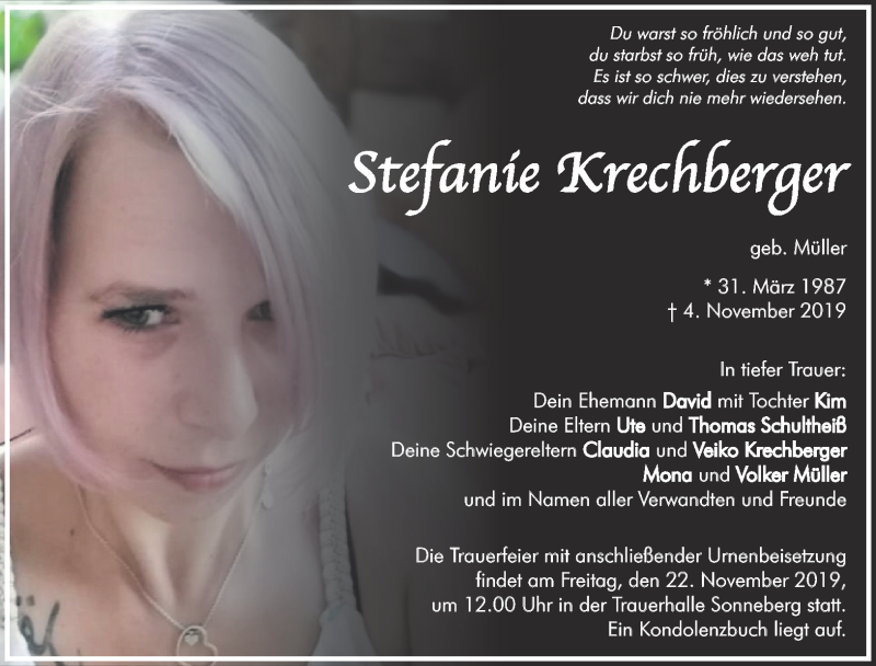  Traueranzeige für Stefanie Krechberger vom 16.11.2019 aus Südthüringer Presse