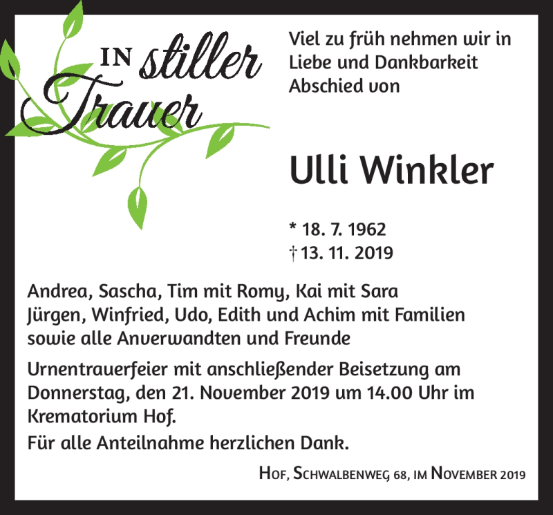  Traueranzeige für Ulli Winkler vom 19.11.2019 aus Frankenpost