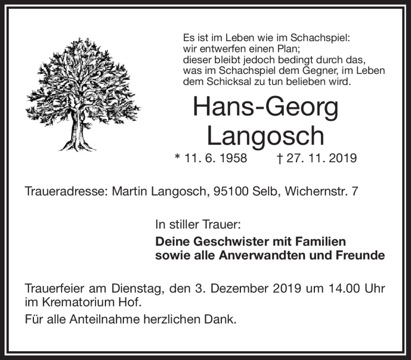 Traueranzeige für Hans-Georg Langosch vom 30.11.2019 aus Frankenpost