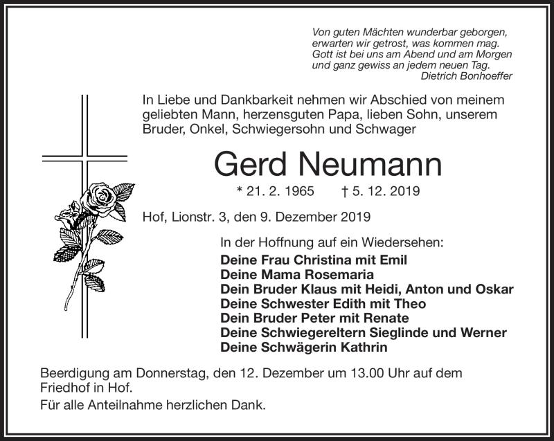  Traueranzeige für Gerd Neumann vom 09.12.2019 aus Frankenpost