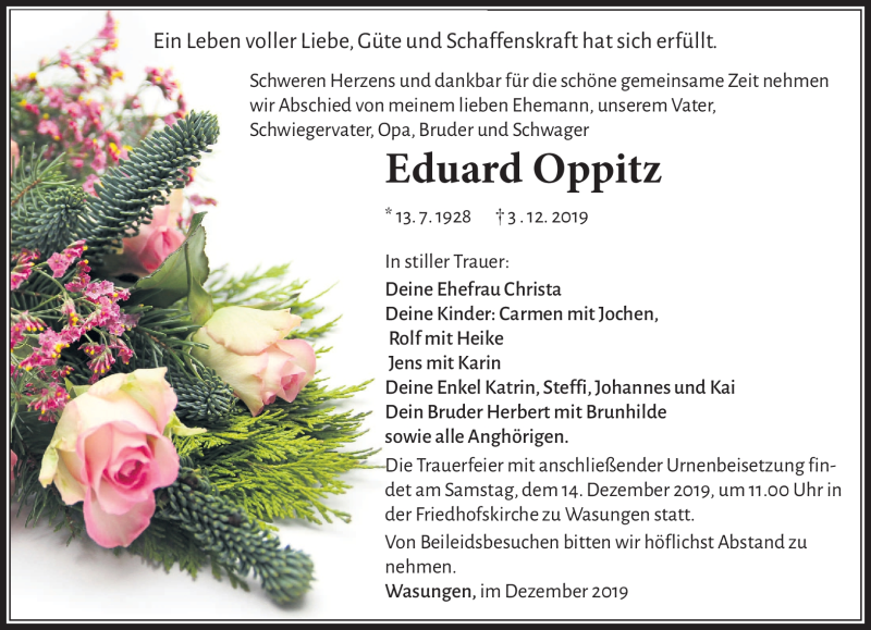  Traueranzeige für Eduard Oppitz vom 10.12.2019 aus Südthüringer Presse