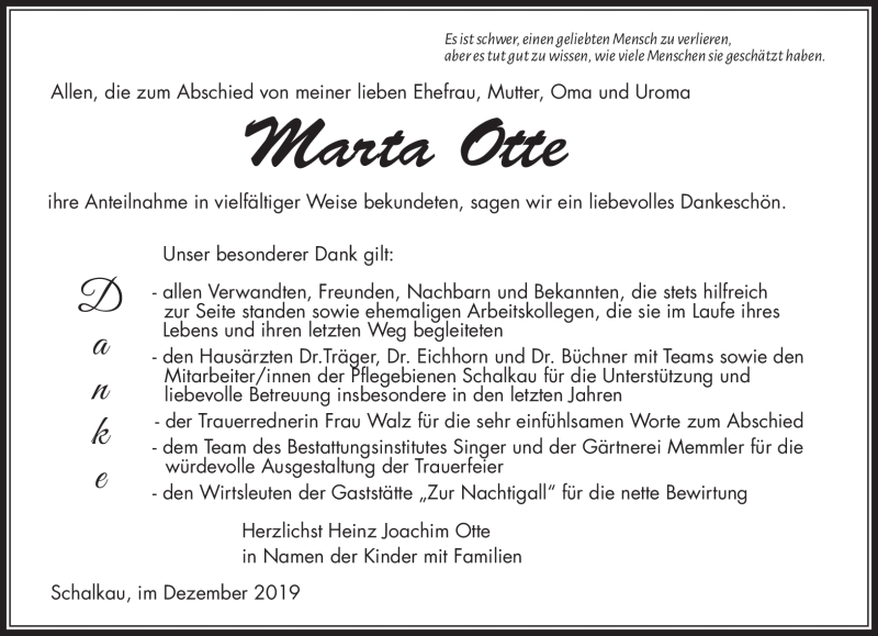  Traueranzeige für Marta Otte vom 07.12.2019 aus Südthüringer Presse