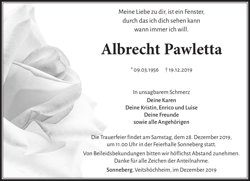  Traueranzeige für Albrecht Pawletta vom 24.12.2019 aus Südthüringer Presse