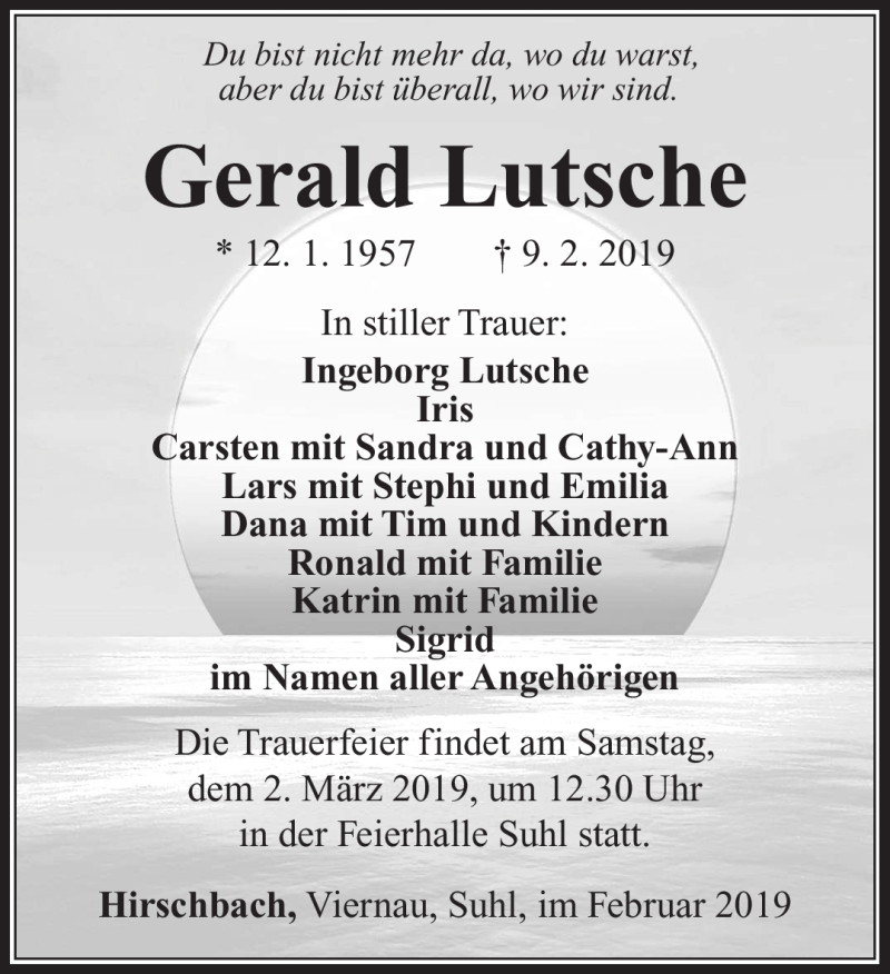  Traueranzeige für Gerald Lutsche vom 16.02.2019 aus Südthüringer Presse