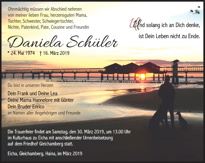  Traueranzeige für Daniela Schüler vom 23.03.2019 aus Südthüringer Presse