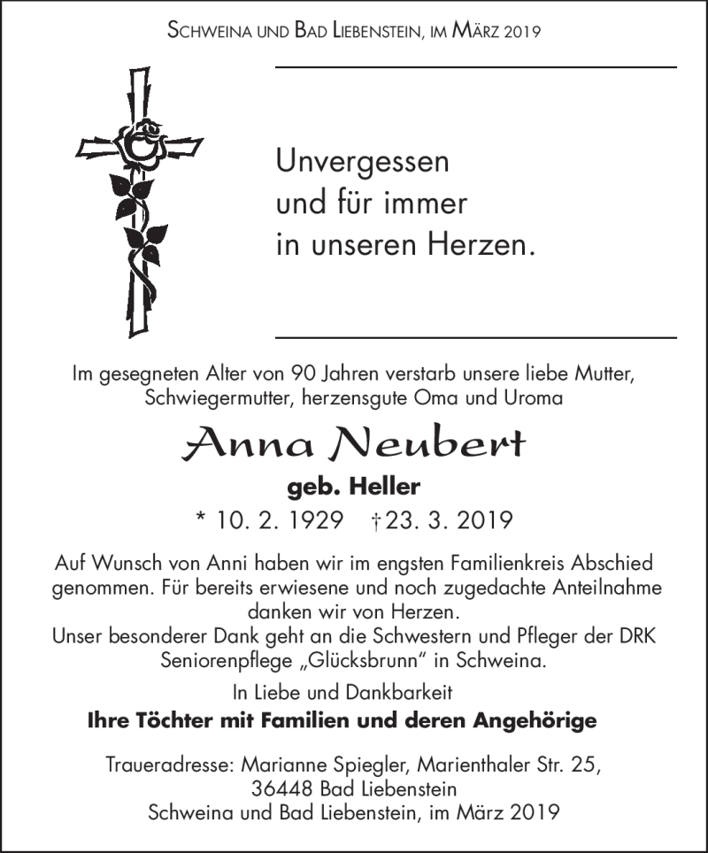  Traueranzeige für Anna Neubert vom 23.03.2019 aus Südthüringer Presse