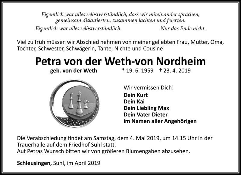 Traueranzeige für Petra von der Weth-von Nordheim vom 27.04.2019 aus Südthüringer Presse
