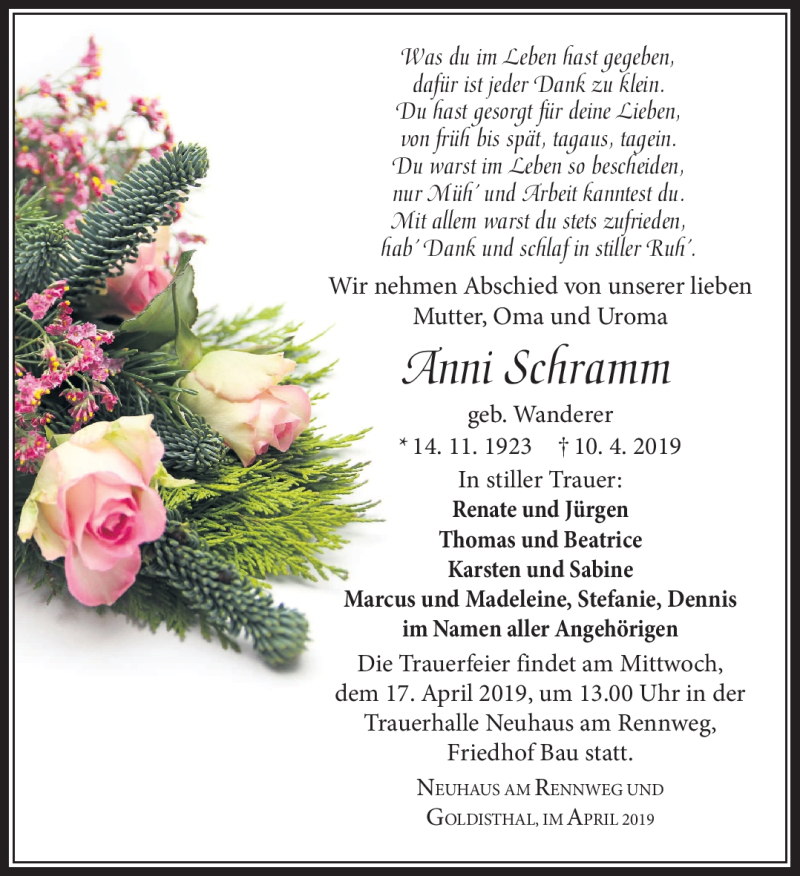  Traueranzeige für Anni Schramm vom 17.04.2019 aus Südthüringer Presse