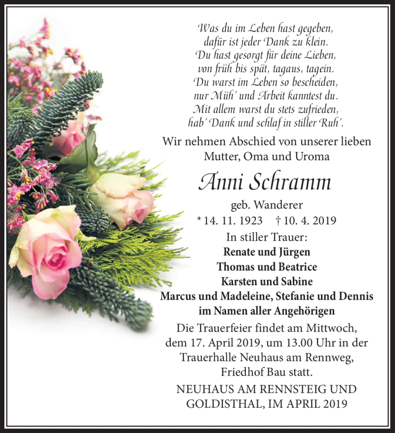  Traueranzeige für Anni Schramm vom 13.04.2019 aus Südthüringer Presse