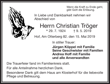 Traueranzeige von Christian Tröger von Frankenpost