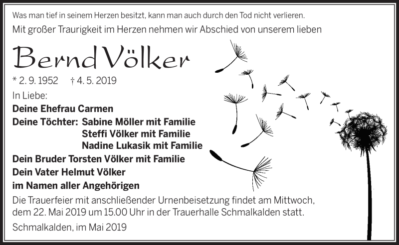  Traueranzeige für Bernd Völker vom 18.05.2019 aus Südthüringer Presse