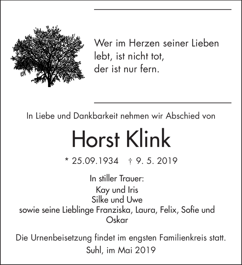  Traueranzeige für Horst Klink vom 18.05.2019 aus Südthüringer Presse