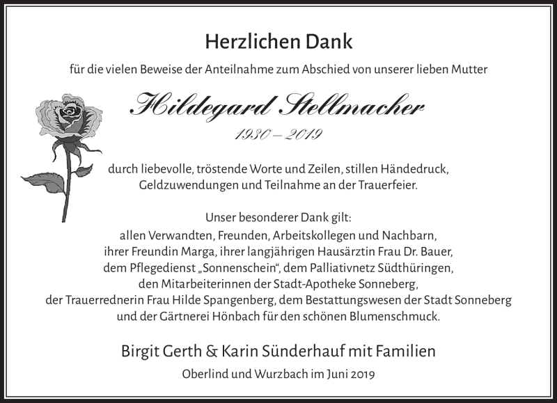  Traueranzeige für Hildegard Stellmacher vom 15.06.2019 aus Südthüringer Presse