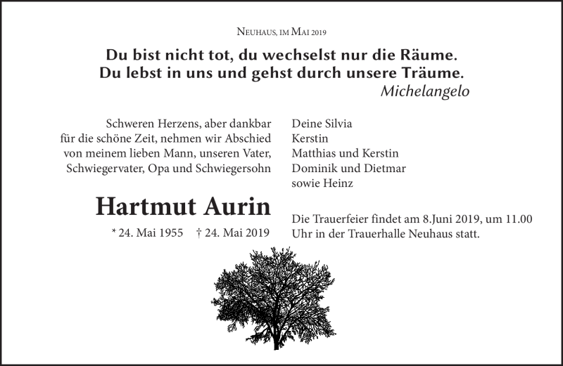  Traueranzeige für Hartmut Aurin vom 01.06.2019 aus Südthüringer Presse