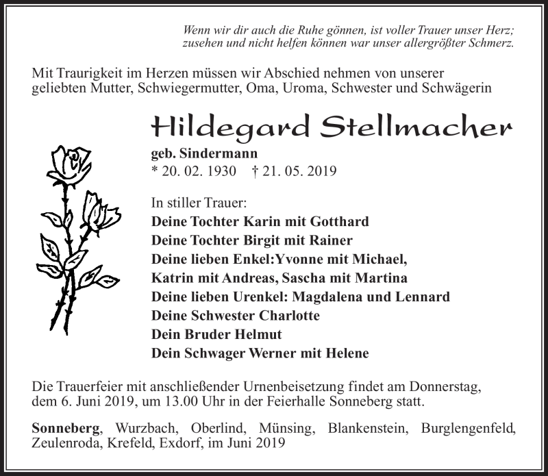  Traueranzeige für Hildegard Stellmacher vom 01.06.2019 aus Südthüringer Presse