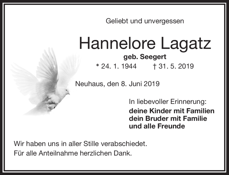  Traueranzeige für Hannelore Lagatz vom 08.06.2019 aus Frankenpost