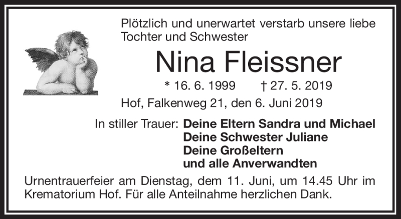  Traueranzeige für Nina Fleissner vom 06.06.2019 aus Frankenpost