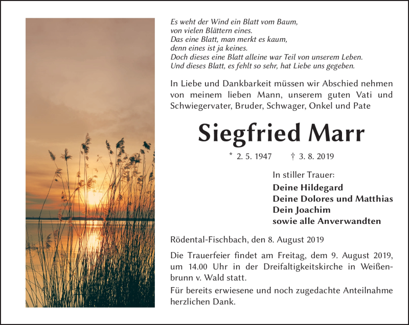  Traueranzeige für Siegfried Marr vom 08.08.2019 aus Neue Presse Coburg