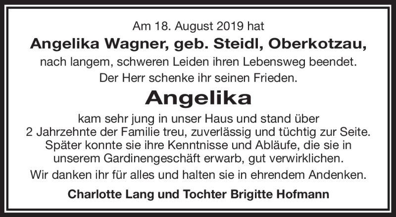  Traueranzeige für Angelika Wagner vom 31.08.2019 aus Frankenpost
