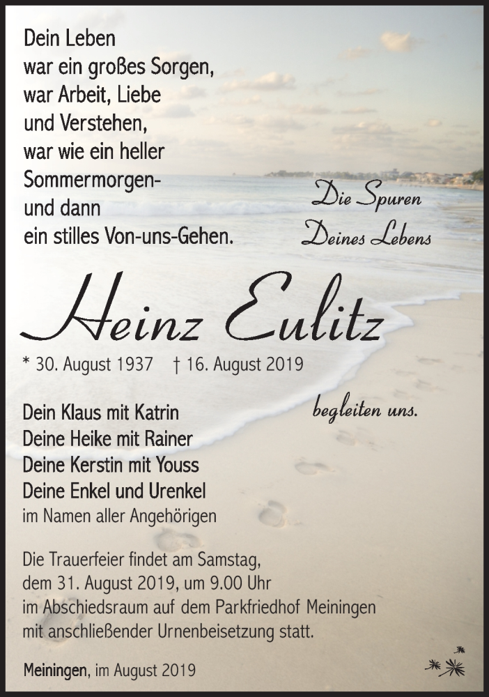  Traueranzeige für Heinz Eulitz vom 24.08.2019 aus Südthüringer Presse