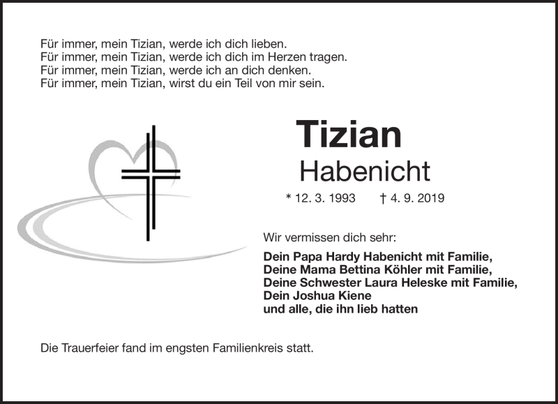  Traueranzeige für Tizian Habenicht vom 16.09.2019 aus Frankenpost