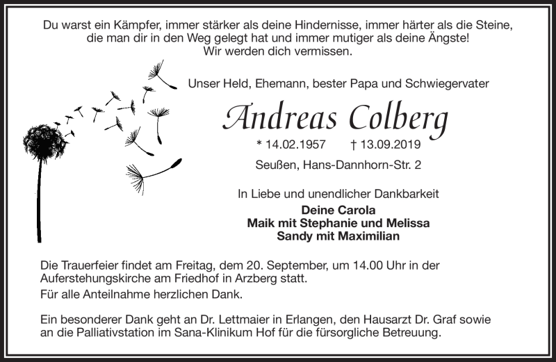 Traueranzeige für Andreas Colberg vom 17.09.2019 aus Frankenpost