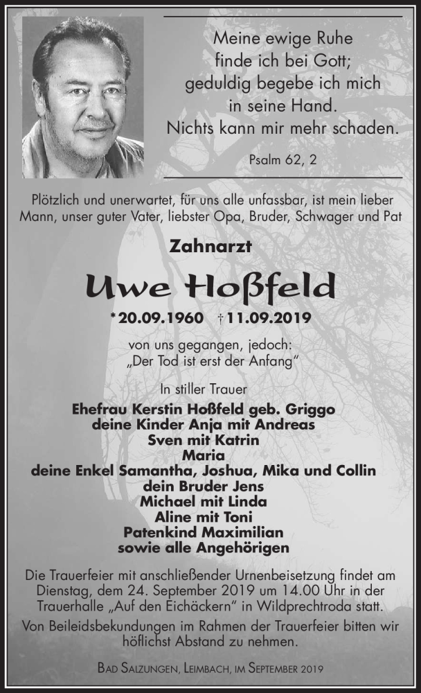  Traueranzeige für Uwe Hoßfeld vom 19.09.2019 aus Südthüringer Presse