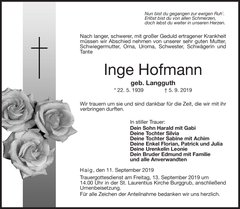  Traueranzeige für Inge Hofmann vom 11.09.2019 aus Neue Presse Coburg