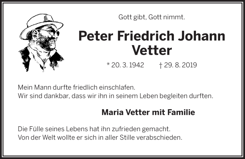  Traueranzeige für Peter Vetter vom 07.09.2019 aus Frankenpost