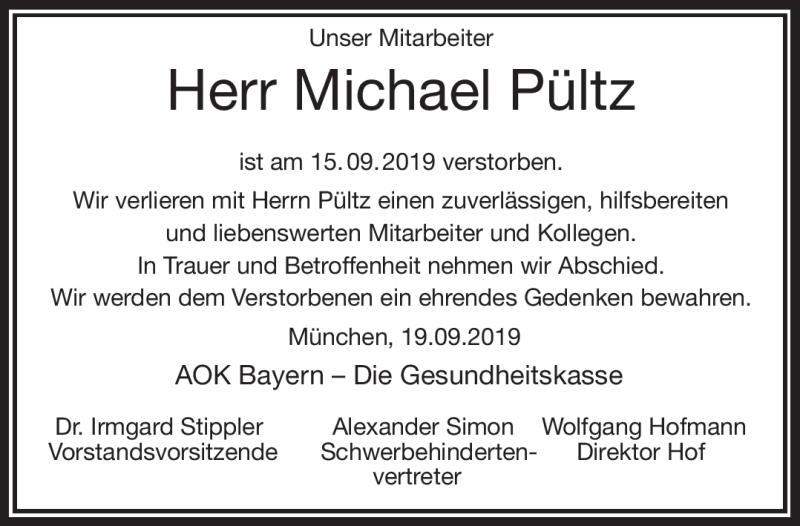  Traueranzeige für Michael Pültz vom 19.09.2019 aus Frankenpost