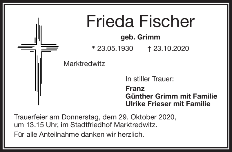  Traueranzeige für Frieda Fister vom 27.10.2020 aus Frankenpost