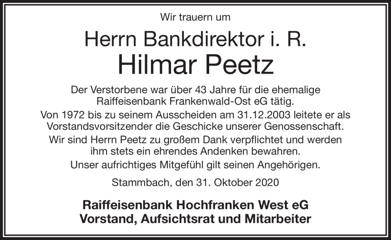  Traueranzeige für Hilmar Peetz vom 31.10.2020 aus Frankenpost