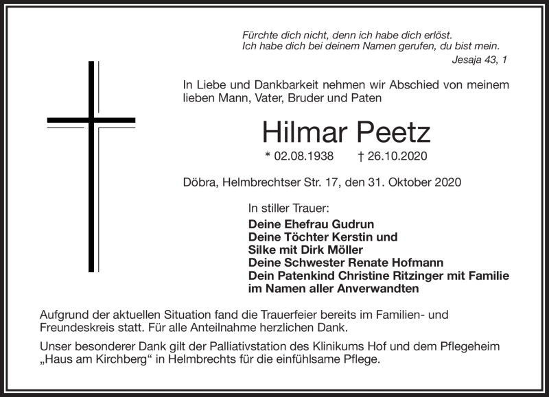  Traueranzeige für Hilmar Peetz vom 31.10.2020 aus Frankenpost