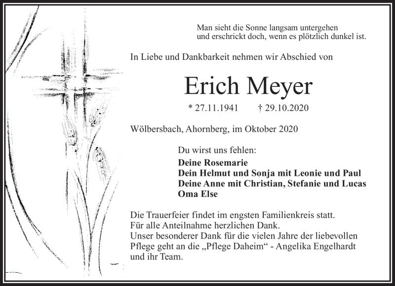  Traueranzeige für Erich Meyer vom 31.10.2020 aus Frankenpost