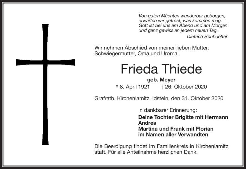  Traueranzeige für Frieda Thiede vom 31.10.2020 aus Frankenpost
