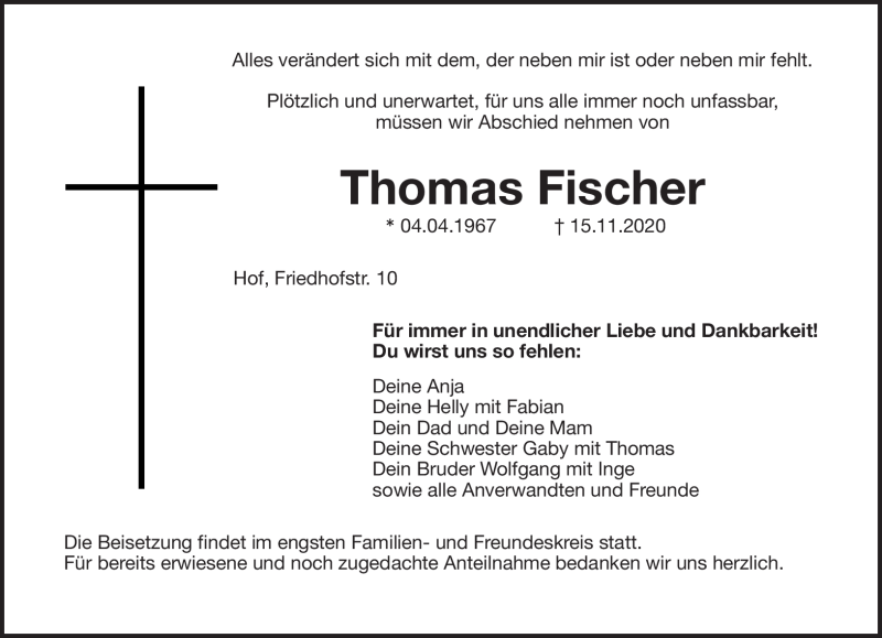  Traueranzeige für Thomas Fischer vom 21.11.2020 aus Frankenpost