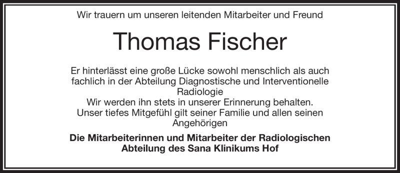  Traueranzeige für Thomas Fischer vom 25.11.2020 aus Frankenpost