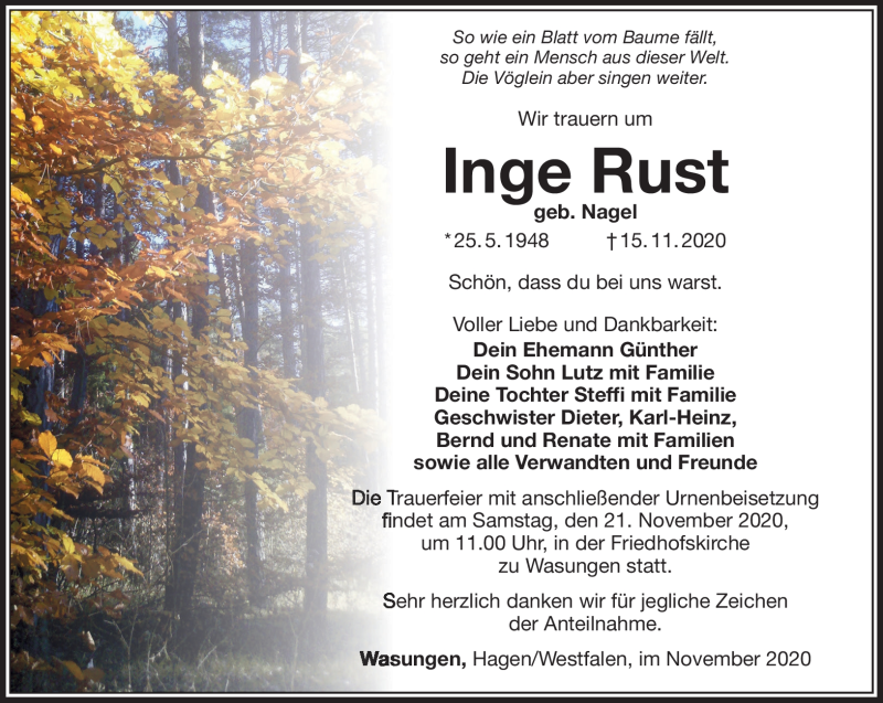  Traueranzeige für Inge Rust vom 19.11.2020 aus Südthüringer Presse