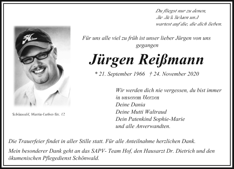 Traueranzeige für Jürgen Reißmann vom 26.11.2020 aus Frankenpost
